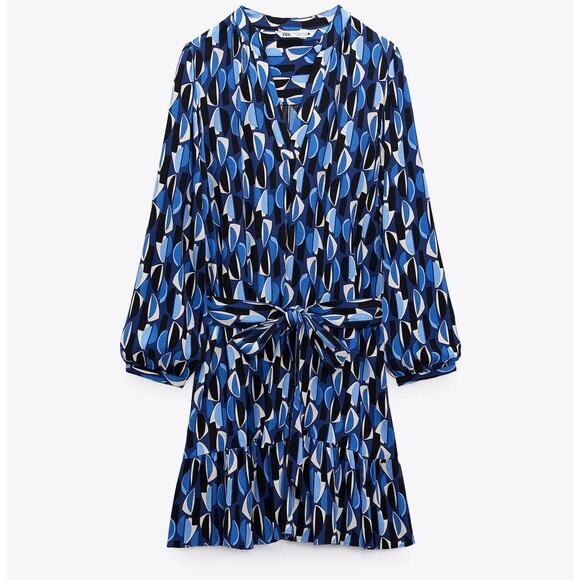Zara Geometric PRINTED SHORT DRESS with Belt Tie in Blue - Picture 4 of 13